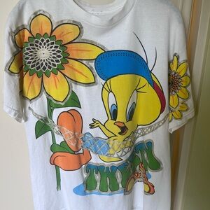 90’s Vintage Looney Tunes Tweety Bird Sunflower Glitter Graphic T Shirt XL